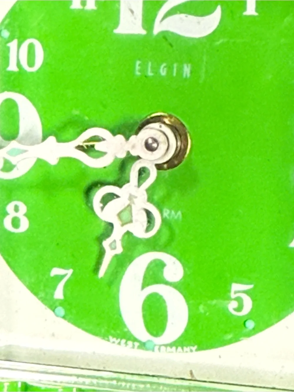Vintage Elgin Alarm Clock – West Germany – Works – Mini 4” - Green w Gold Accent